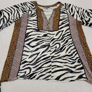 Democracy Tunic Blouse Animal Leopard Zebra Print 3/4 Flutter Sleeve Beaded S